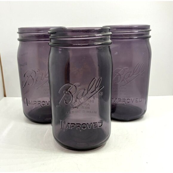 Set Of 3 Ball Improved Purple Glass Mason Quart Jars 1913-1915 100 Years America - Picture 1 of 6